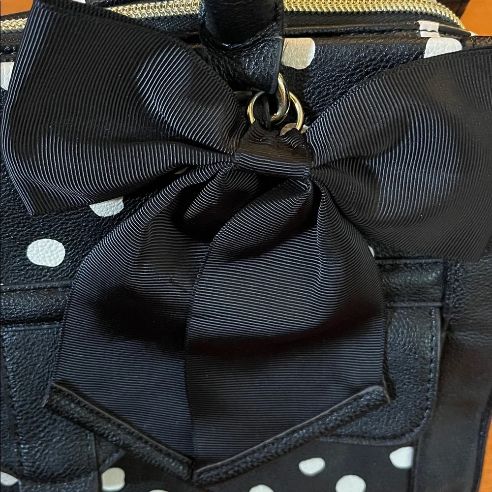 Betsey Johnson Black & White Polka Dot Satchel w/handles, heart clip & Bow Charm